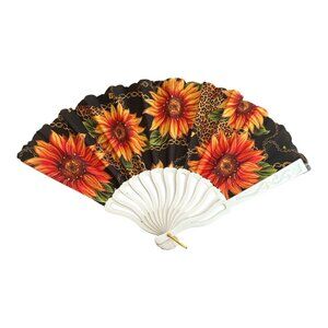 Sunflower & Daisy Folding Hand Fan with Leopard Accents